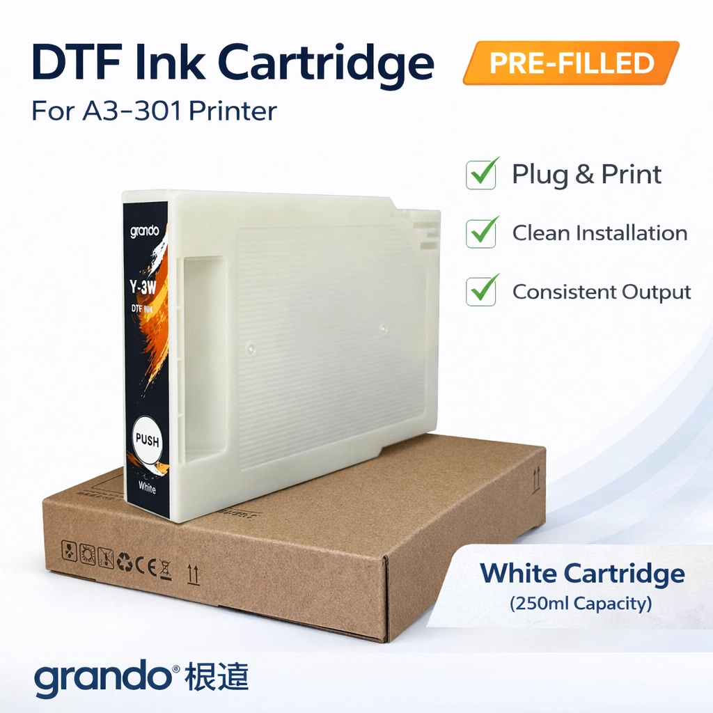 Grando White DTF Ink Cartridge – Pre-Filled 250ml for A3-301 Desktop DTF Printer