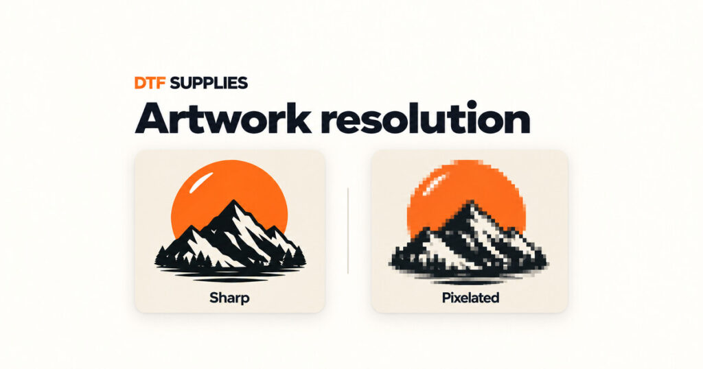 The same orange sun and mountain artwork shown with sharp edges and coarse pixelation at the same display size.