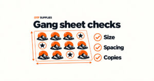 Illustrated DTF gang sheet with spaced mountain and star designs, dimension arrows and checks for size, spacing and copies.