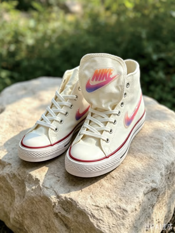 Canvas high-top shoes with colourful logos, illustrated in the GD-302UV manufacturer brochure. Manufacturer AI-generated illustration.