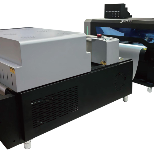 Grando Y402 DTF garment transfer printer shown with powder shaker
